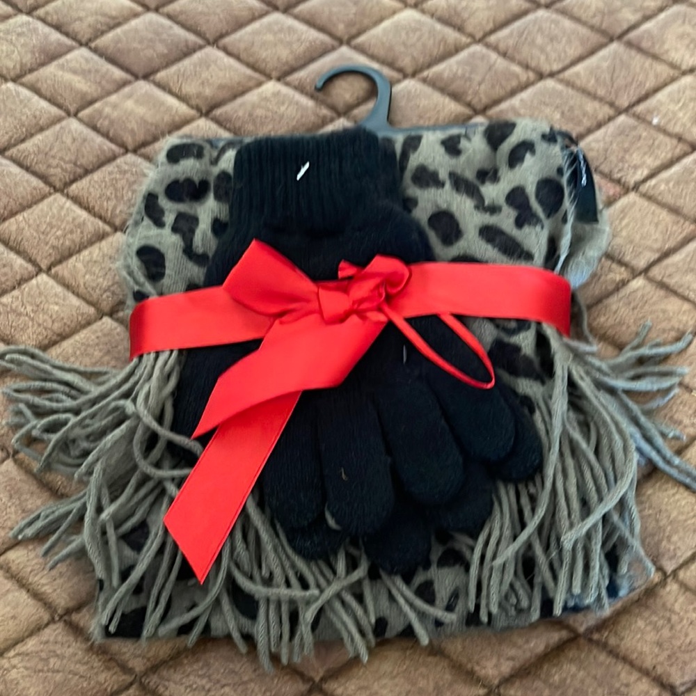 NWOT Leopard scarf and knit gloves